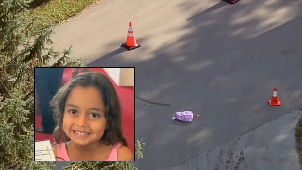 Inset: Jenna Menias. Background: The area in Frankfort, Ill., where Jenna Menias was allegedly struck and killed by a distracted school bus driver (WLS/YouTube).