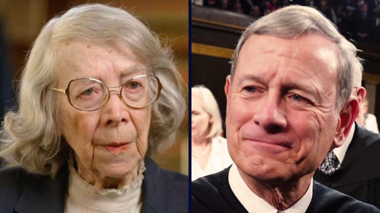 Left: U.S. Circuit Judge Pauline Newman (YouTube). Right: Chief Justice John Roberts arrives before President Joe Biden delivers the State of the Union address to a joint session of Congress at the Capitol, Thursday, March 7, 2024, in Washington. (Shawn Thew/Pool via AP).