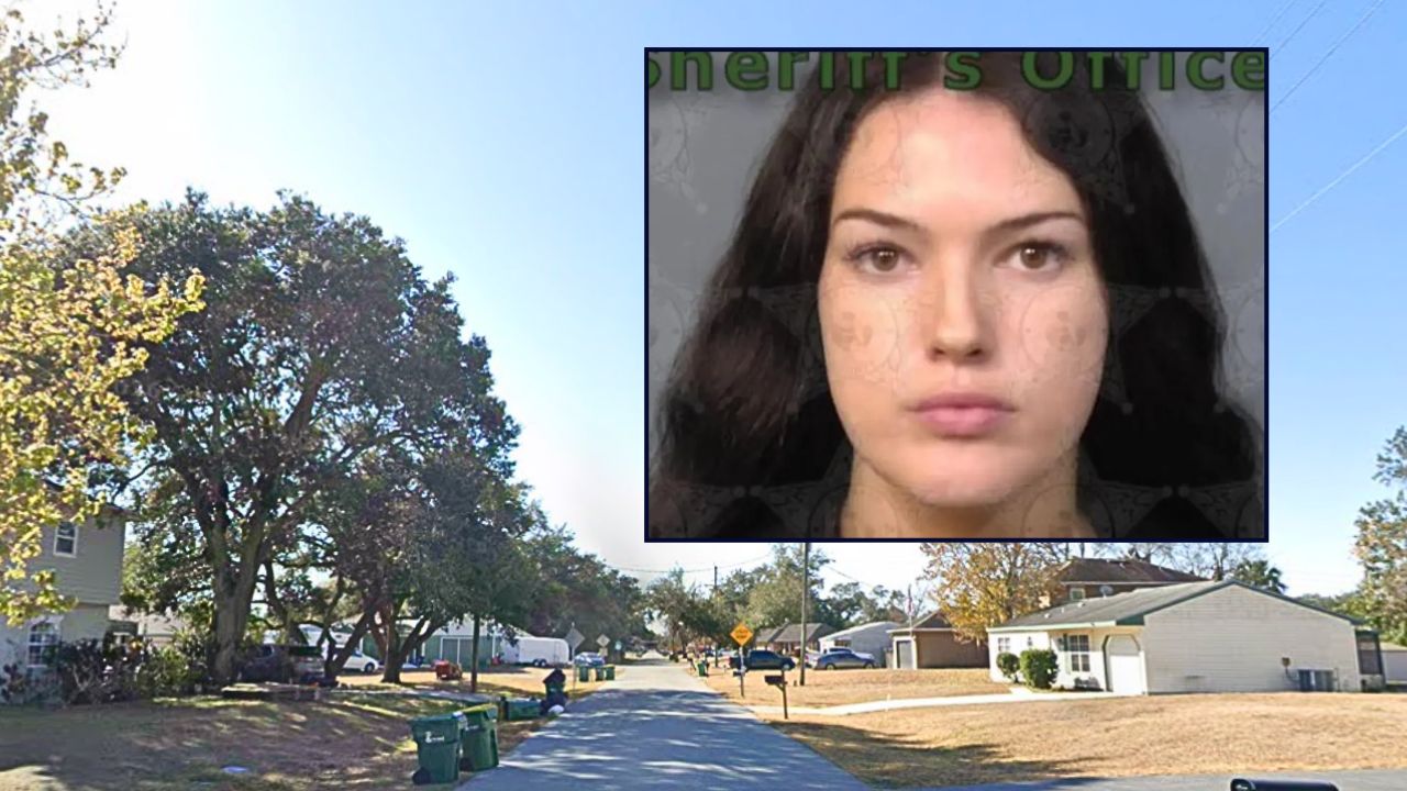 Inset: Katherine Kelly (Brevard County Sheriff's Office). Background: The Florida neighborhood where Katherine Kelly allegedly shot a woman who was with her boyfriend (Google Maps).