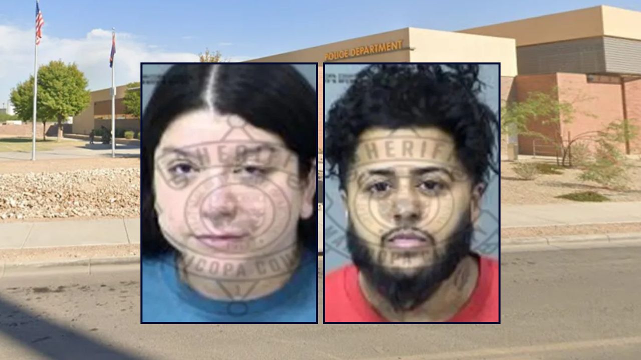 Left inset: Kebrina Hussain. Right inset: Ezekiel Hussain (Maricopa County Sheriff's Office). Background: The administrative building for the Goodyear Police Department, which arrested Kebrina Hussain and Ezekiel Hussain (Google Maps).