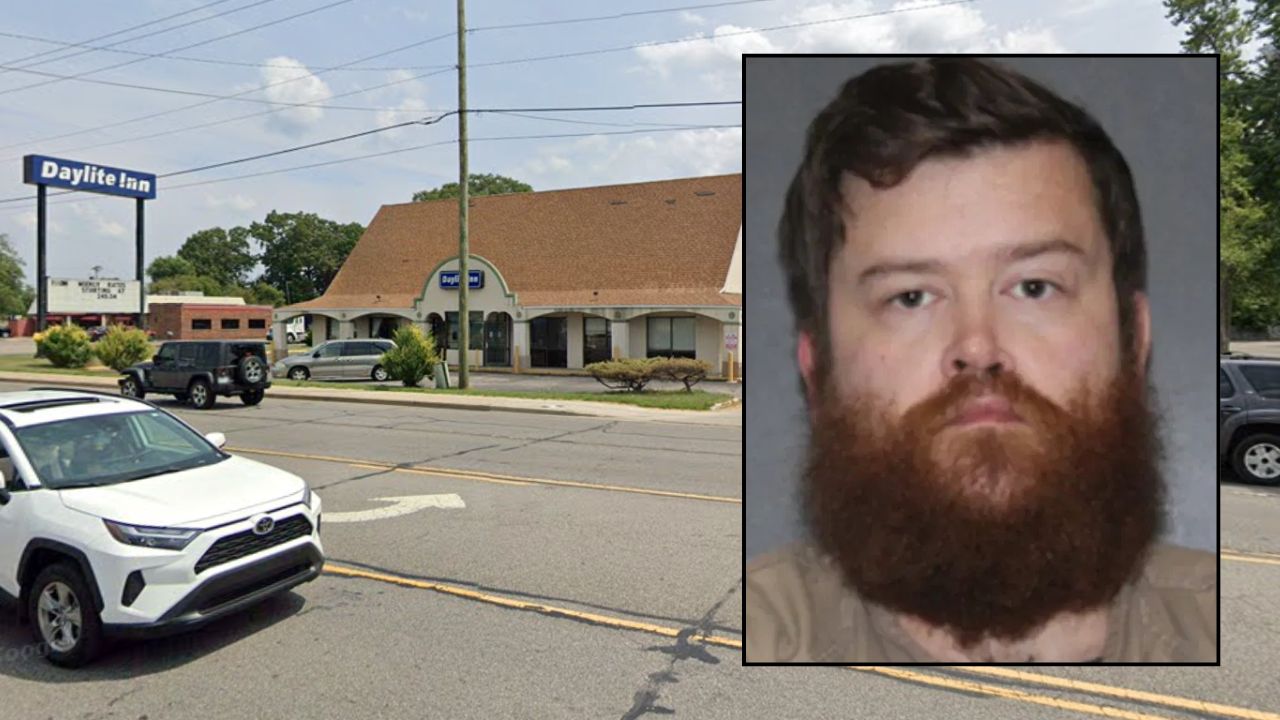 Inset: Nicholas Stanley (Elkhart County Sheriff's Office). Background: The motel where Stanley killed a man last year (Google Maps).