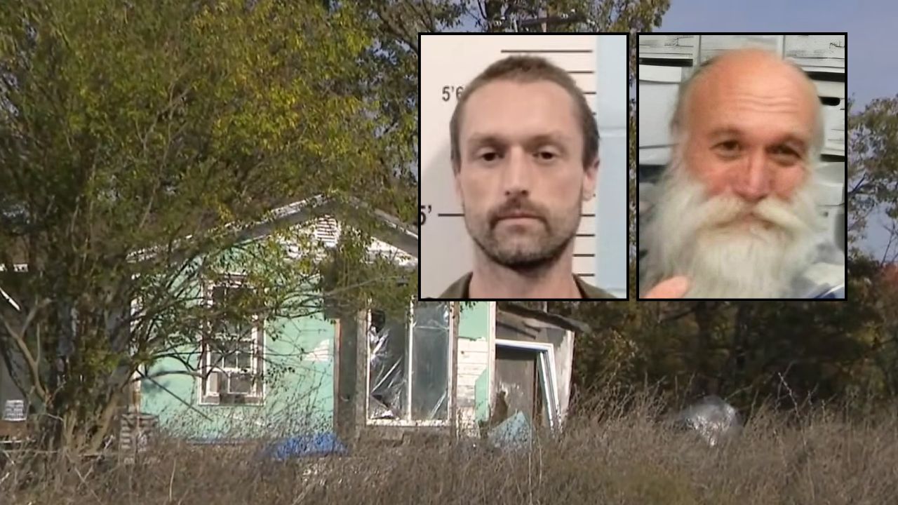 Left inset: Richard Saettele (Lincoln County Sheriff's Office). Right inset: Michael Saettele (Facebook). Background: The Missouri property where Richard Saettele allegedly killed and buried his father, Michael Saettele, following an argument (KTVI/YouTube).