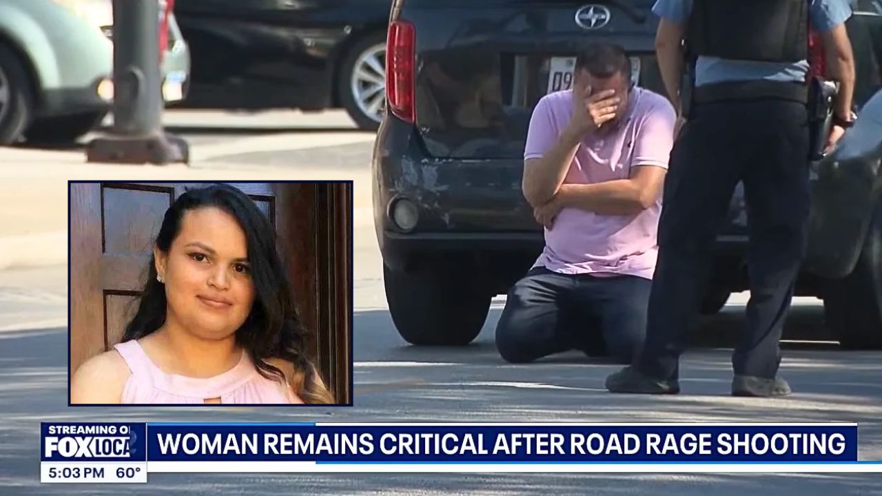 Inset: Rosa Hernandez (GoFundMe). Background: A man breaking down at the scene of the "road rage" shooting that Rosa Hernandez's family says left her dead in front of her two children (WFLD/YouTube).