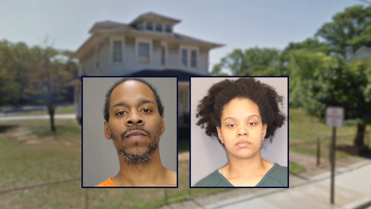 Sean Scott and India Miller inset against a house in New Jersey