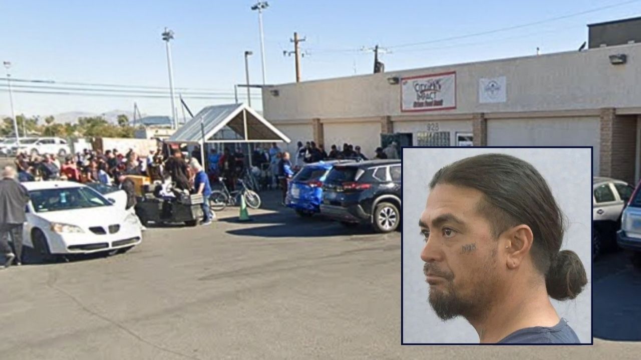 Inset: Shiloh Leutu in court (KSNV). Background: The Las Vegas food bank where Shiloh Leutu allegedly beat a 60-year-old man who was defending his girlfriend (Google Maps).