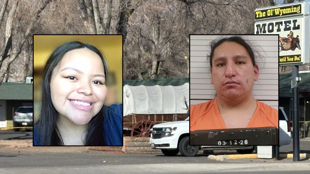 Inset, left to right: Angelina (Bell Davis Funeral Home) and Sterling Louis Black Jr. (Fremont County Sheriff's Office). Background: The Wyoming hotel where Bell was killed last weekend (Riverton Police Department).