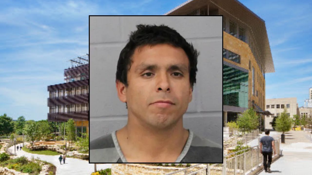 Inset: Daniel Vasquez (Austin Police Department). Background: The Austin Central Library, where Vasquez allegedly beat a man to death earlier this year (Google Maps).