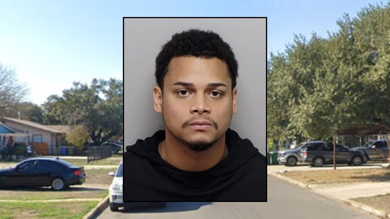 Inset: Jose F. DeJesus (Bexar County Jail). Background: The area in Texas where DeJesus allegedly destroyed the remains of a recently-deceased child (Google Maps).