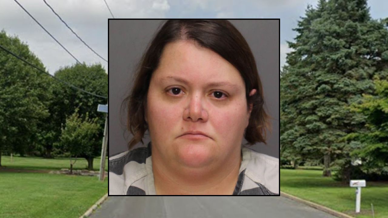 Inset: Dawn Marie Freeman (Cambria County Prison). Background: The area in Pennsylvania where Freeman allegedly killed her husband (Google Maps).