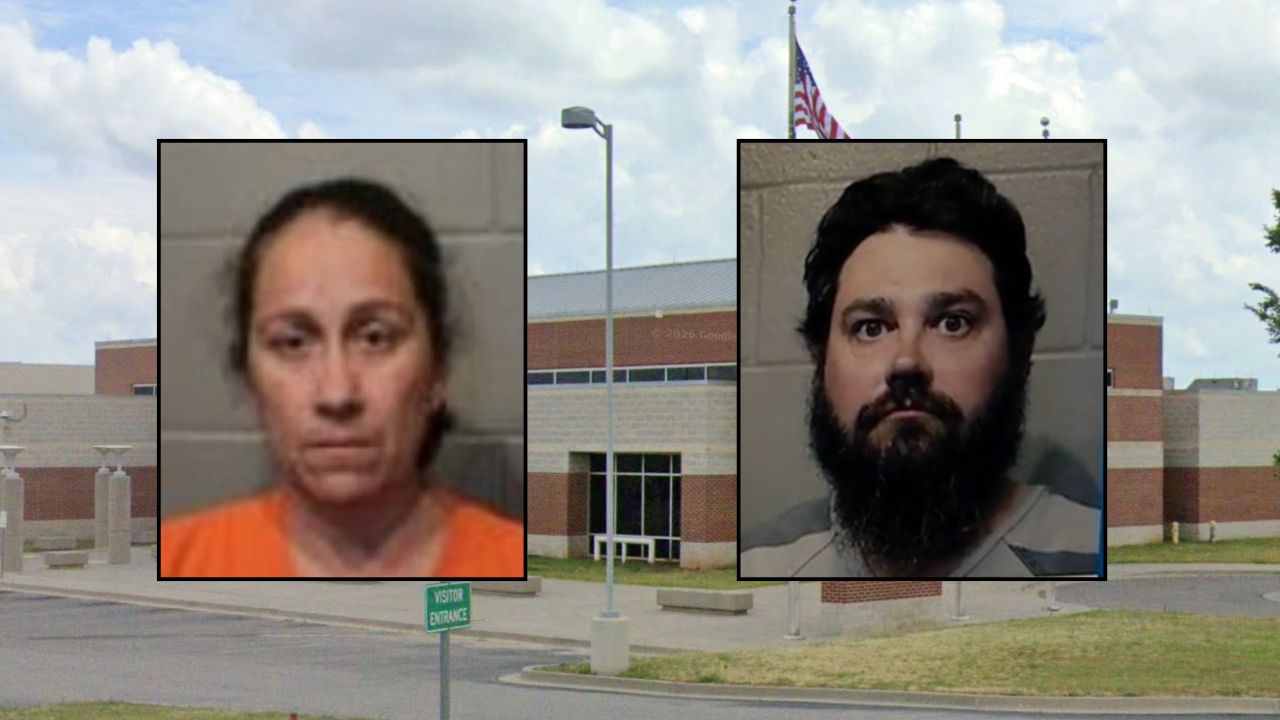Inset, left to right: Patricia Gwaltney and Dustin Gwaltney (Cleveland County Detention Center). Background: The Cleveland County Detention Center in Oklahoma (Google Maps).