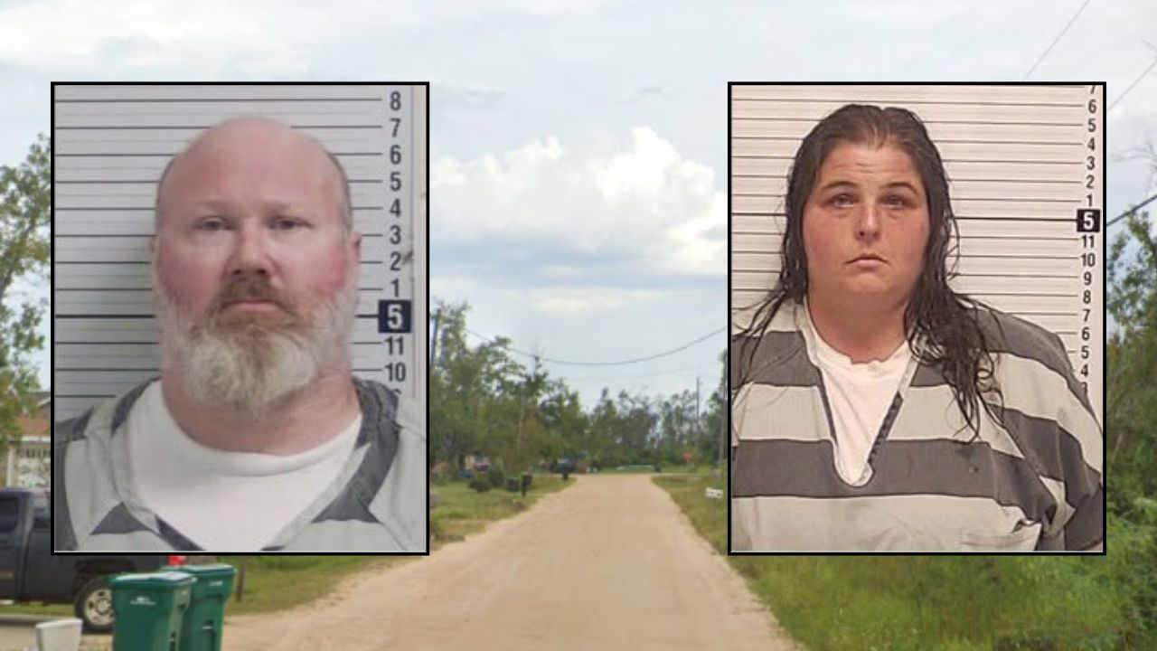Inset, left to right: Keith Hall and Maggie Gurley (Bay County Sheriff's Office). Background: The area in Florida where the couple live with Gurley's children (Google Maps).