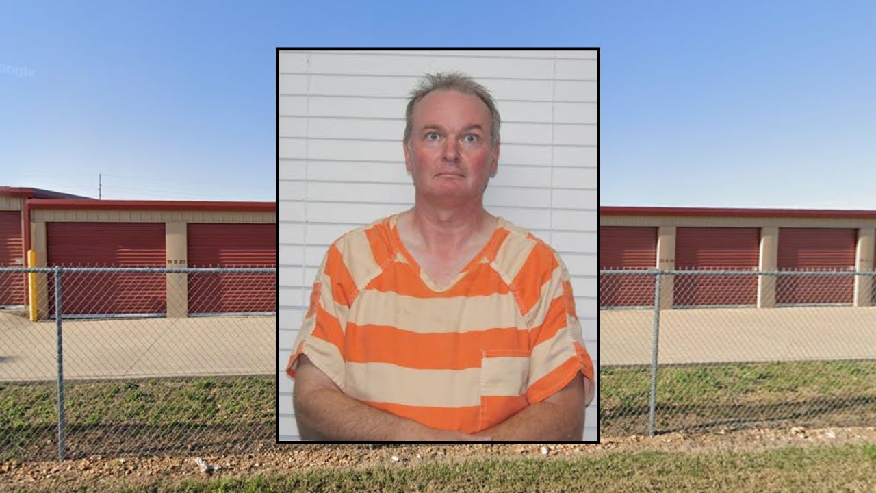Inset: Michael Hanson (Christian County Jail). Background: The Missouri storage facility where Hanson allegedly left his elderly mother (Google Maps).