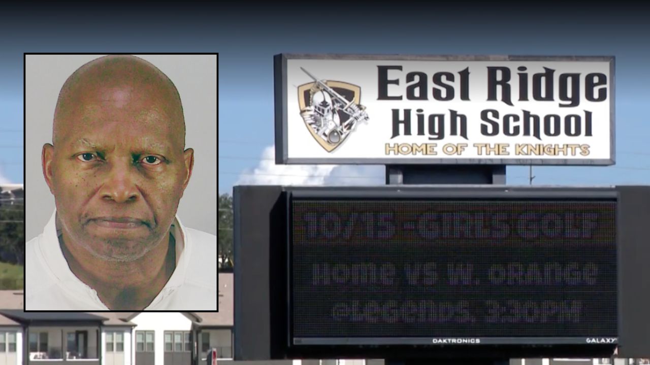Inset: Michael Jones (Lake County Jail). Background: East Ridge High School in Florida, where Jones allegedly struck a student (WESH).