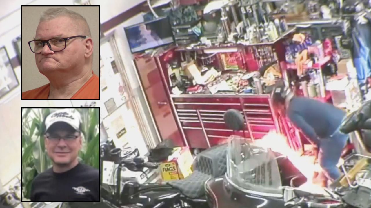 Inset, top to bottom: Otto Lenke in court for his sentencing hearing (WPEC) and Richard Benson (WPTV). Background: A shot of Lenke setting a fire inside Benson's motorcycle shop (WPEC).