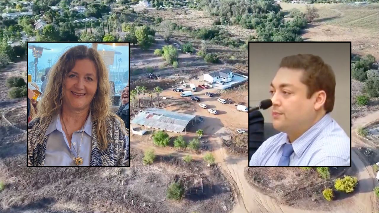 Inset, left to right: Nadine Jett (KFMB/family photo) and Cedric Von Ferdinand in court on Oct 21, 2026 (KUSI). Background: Authorities searching for Jett's body on her California property (KNSD).
