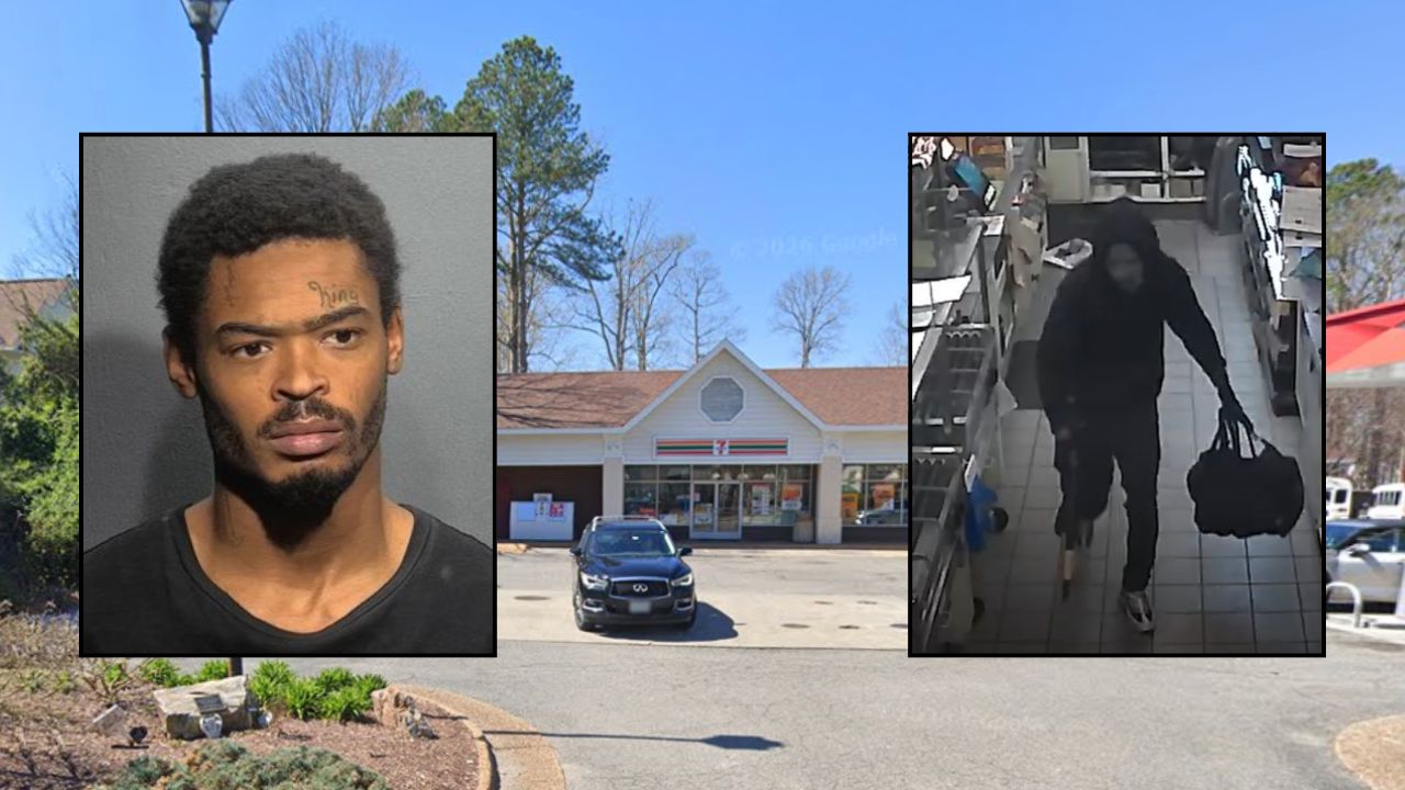 Inset, left to right: Jordan Isaiah Pierce and the surveillance photo of the suspect in the 7-Eleven killings (Newport News Police Department). Background: The 7-Eleven where Pierce allegedly killed two clerks during a 2022 robbery (Google Maps).