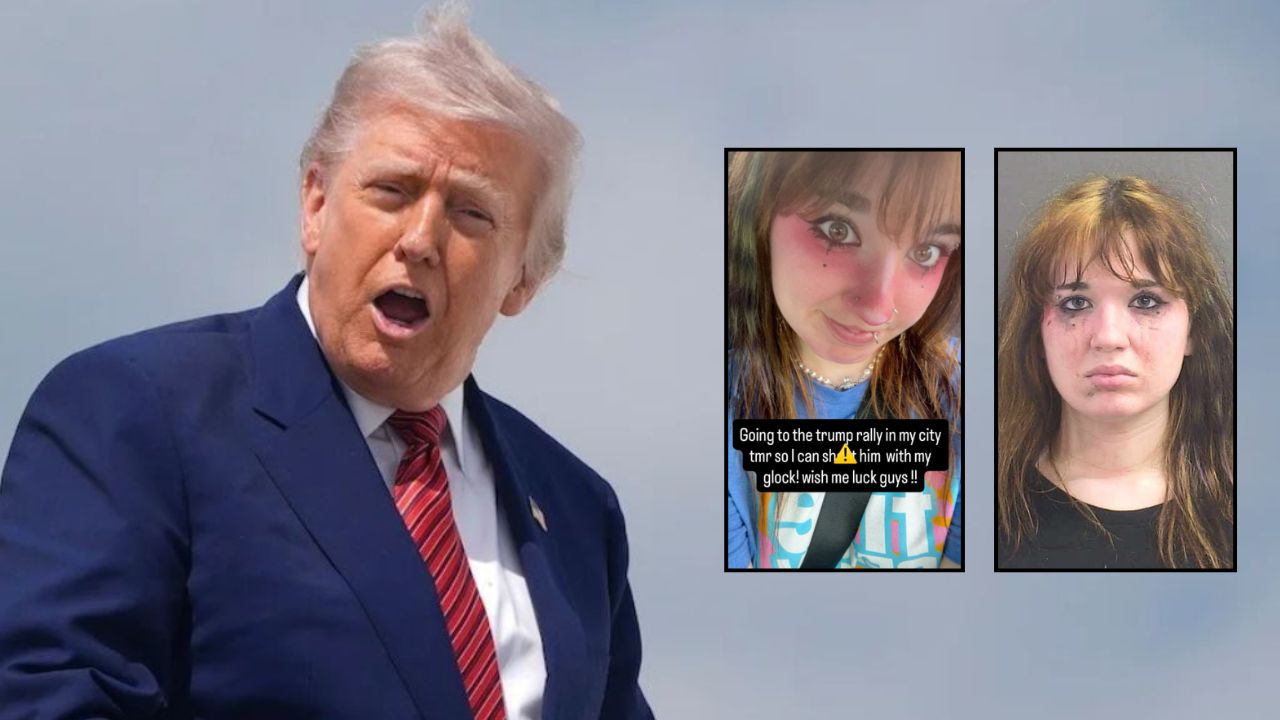 Main: President Donald Trump boards Air Force One to depart Joint Base Andrews, Md., Friday, May 23, 2025 (AP Photo/Manuel Balce Ceneta). Inset, left to right: Allison Albro's allegedly threatening Instagram post and booking photo (Volusia County Sheriff's Office).
