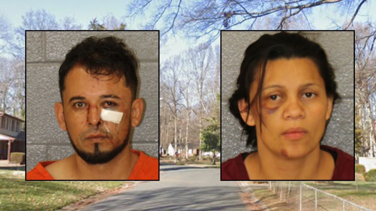 Inset, left to right: Gabriel Antonio Santos-Funes and Maria Valladares (Mecklenburg County Sheriff's Office). Background: The area in North Carolina where the family allegedly abused their kids and assaulted police officers (Google Maps).